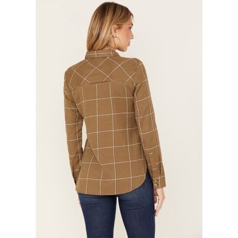 Shyanne Top Women M Medium Plaid Flannel Ladder Lace Long Sleeve Droptail Hem - Picture 11 of 12